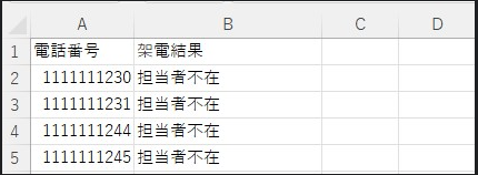 エクセル/電話番号と架電結果の列のみ